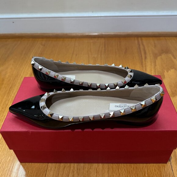Valentino Rockstud Accents Leather Flats - Black Patent Leather - Picture 2 of 6